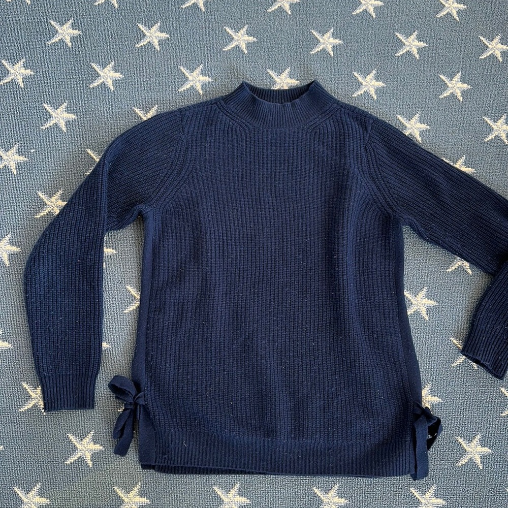 J. McLaughlin size small navy blue sweater with ties. 70% wool and 30% cashmere.
